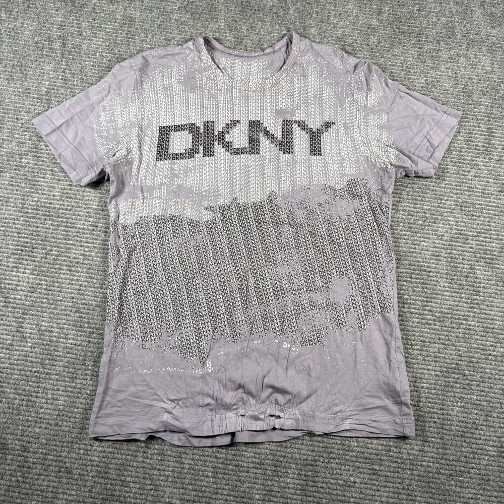 DKNY T-Shirt Men Large Purple Fair Logo Monogram Graphic Cinch Hem Tee